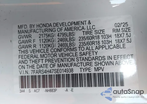 2025 Honda Cr-V Ex Awd from USA, damaged, VIN 7FARS4H47SE014938